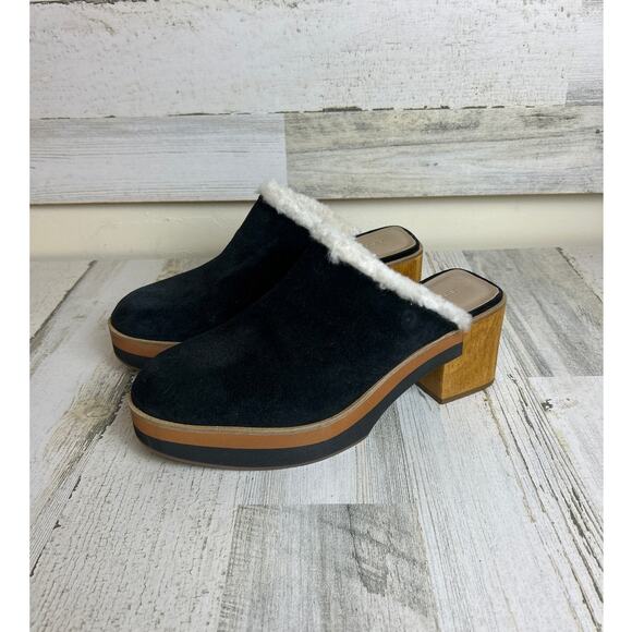 Bernardo Women’s 8.5 Sky Black Suede Shearling Platform Clogs Wooden Heel shoe - Picture 1 of 8
